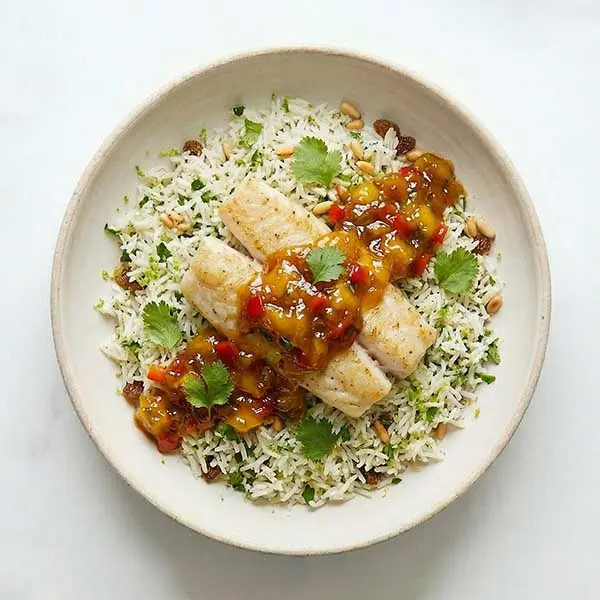 Pan-Seared fish with Mango Salsa & Cilantro-Lime Rice